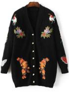 Romwe Black Tiger Embroidery Button Up Sweater Coat