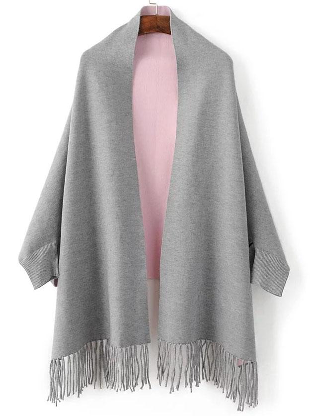 Romwe Grey Batwing Sleeve Fringe Hem Poncho Sweater