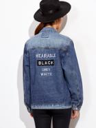 Romwe Blue Bleached Letter Embroidery Back Denim Jacket
