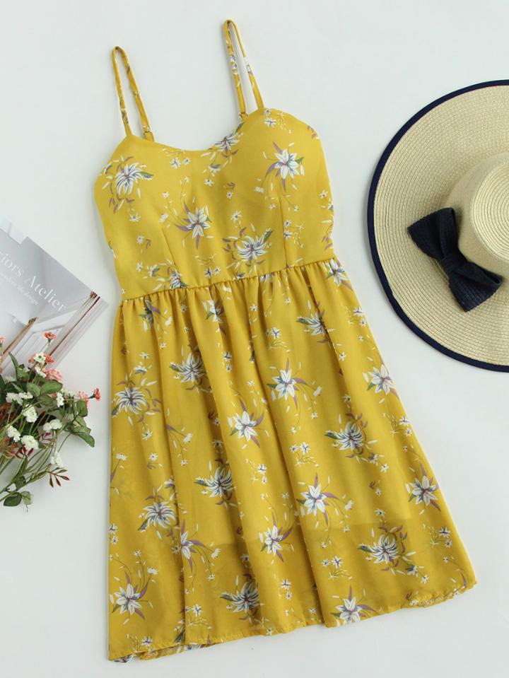 Romwe Floral Print Random Shirred Back Cami Dress