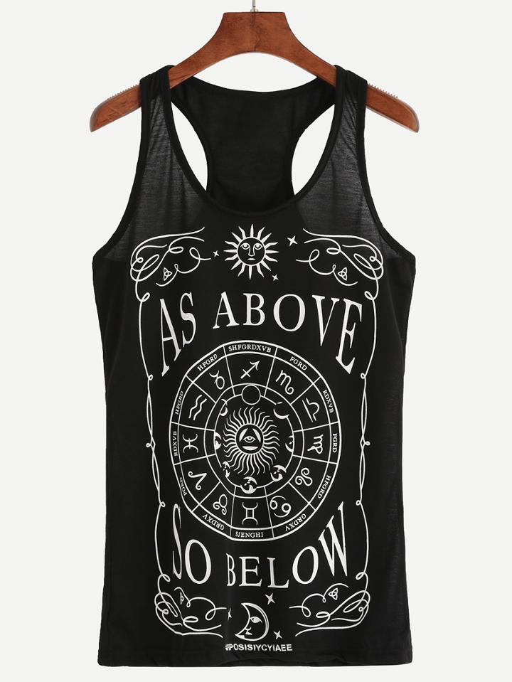 Romwe Black Graphic Print Racerback Tank Top