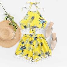Romwe Fringe Hem Pineapple Print Top With Shorts