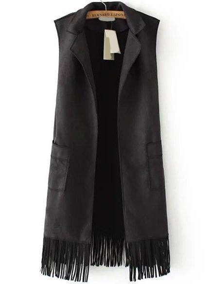 Romwe Lapel Pockets Tassel Suede Black Vest