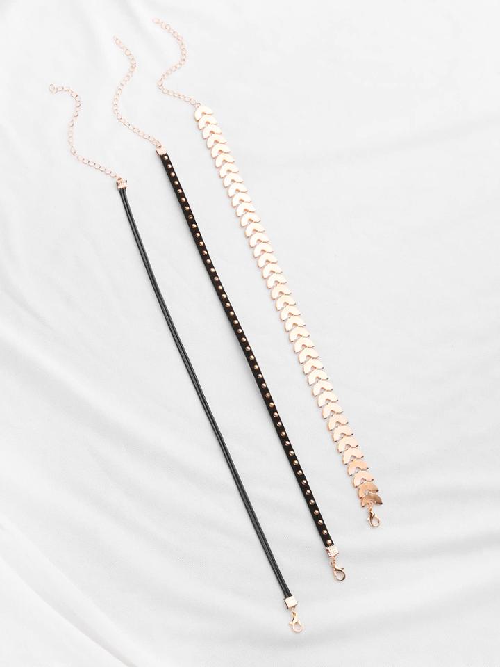 Romwe Geometric Chain And Beaded Velvet Choker Set