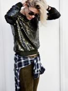 Romwe Black Long Sleeve Sequined Sweatshirt