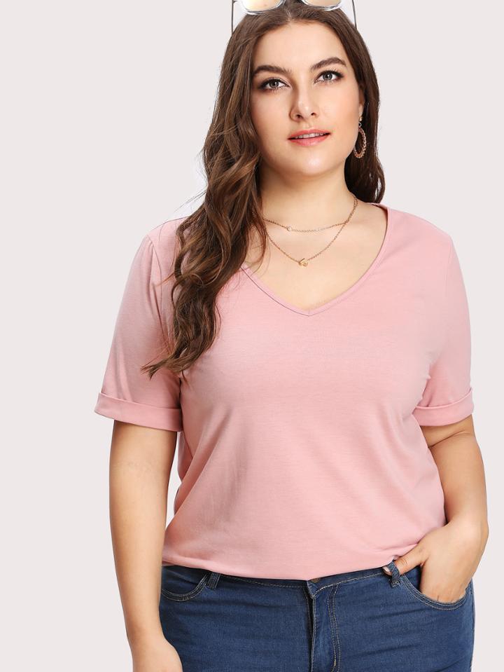 Romwe Rolled Up Sleeve V Neck Tee