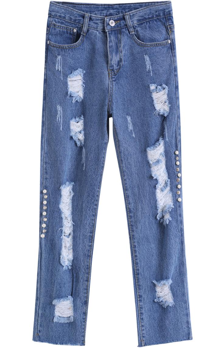 Romwe Blue Ripped Bead Slim Denim Pant