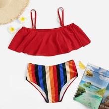 Romwe Floaty Top With Striped Bikini Set