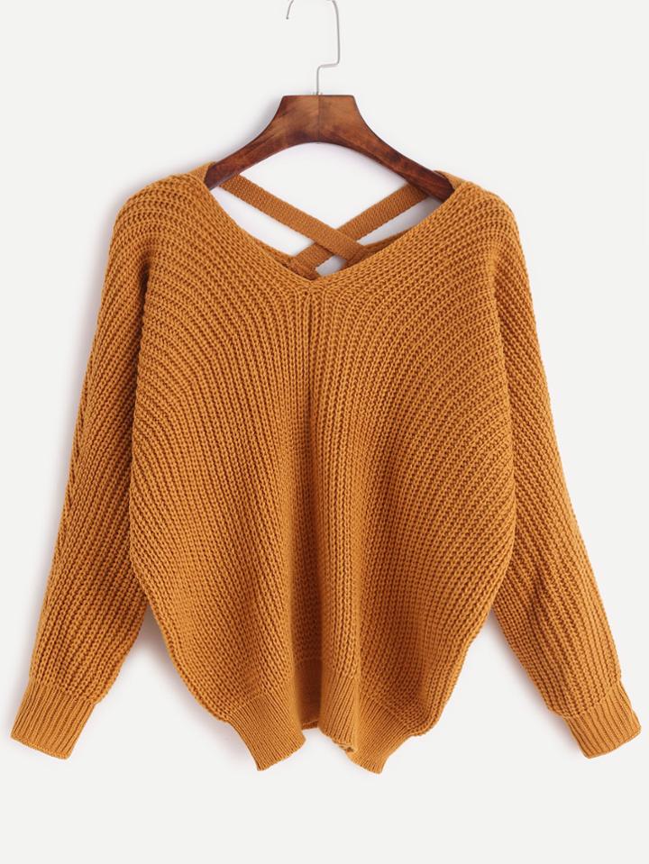 Romwe Khaki V Neck Criss Cross Back Sweater