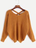 Romwe Khaki V Neck Criss Cross Back Sweater