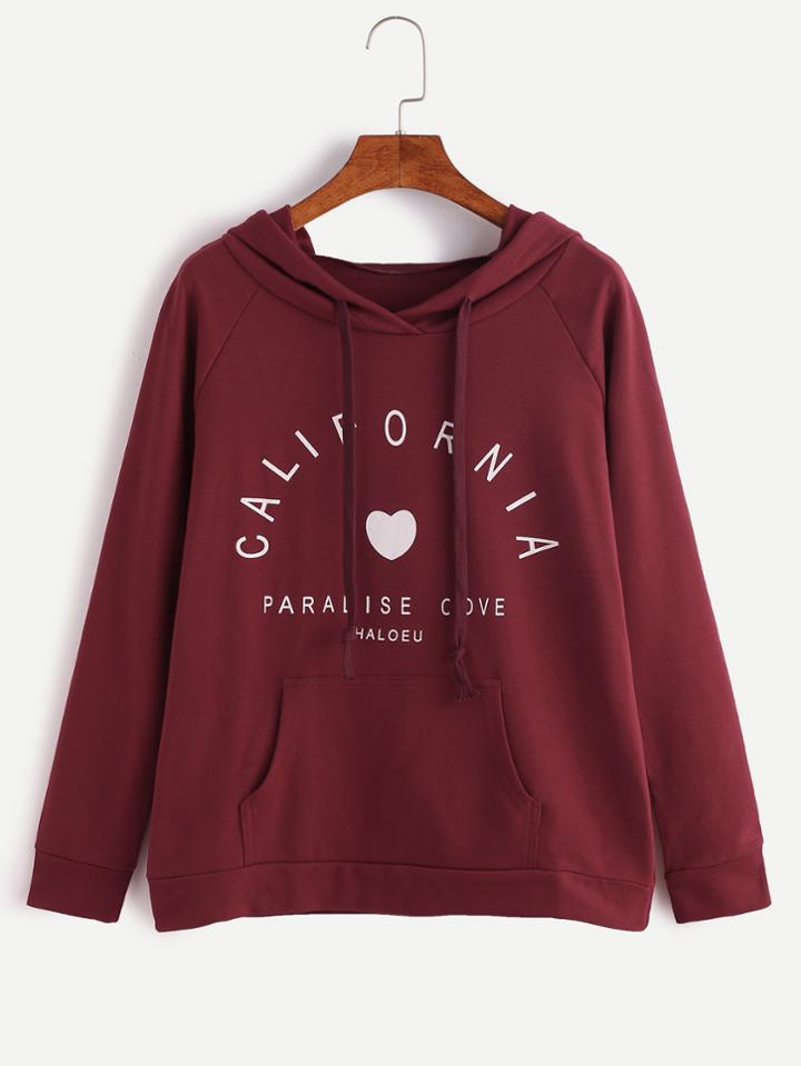 Romwe Letter Print Raglan Sleeve Drawstring Hooded Pocket Sweatshirt