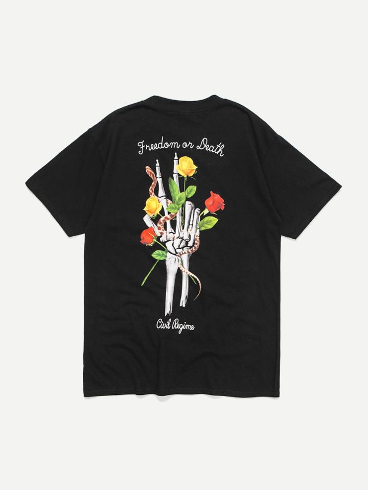Romwe Men Floral Snake Letter Tee
