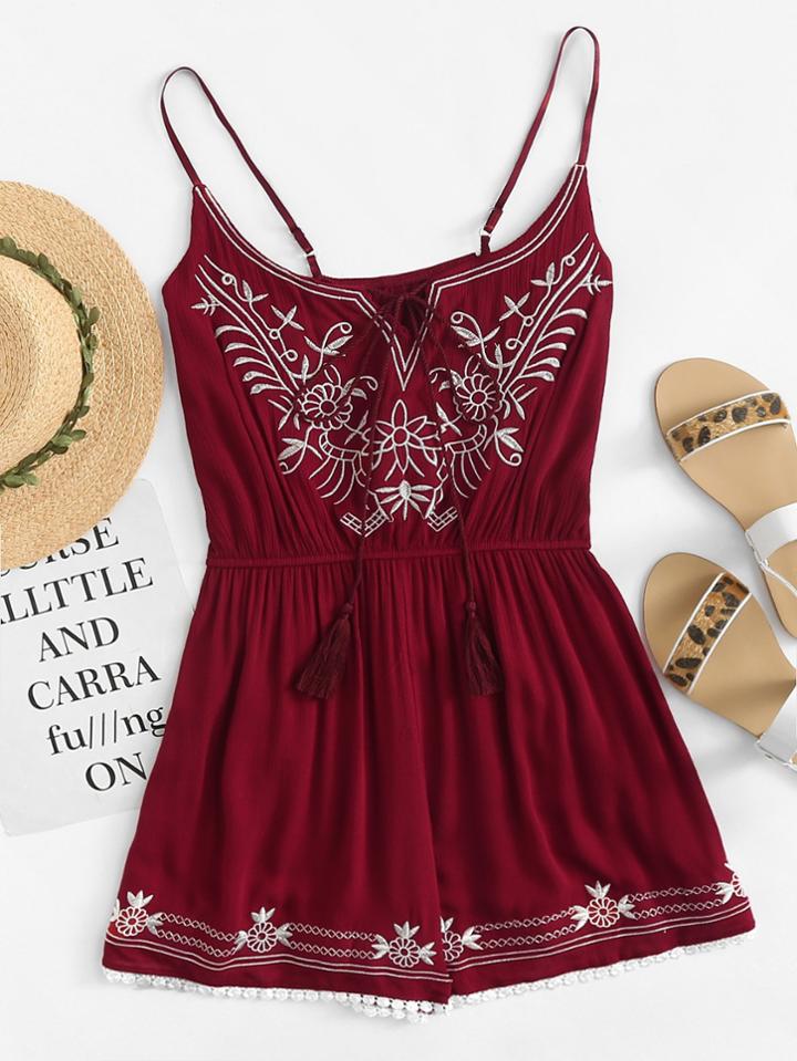 Romwe Geo Embroidered Tie Neck Cami Romper