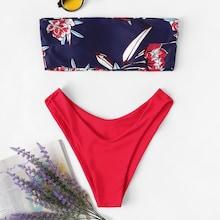 Romwe Flower Print Bandeau With High Leg Bikini Set