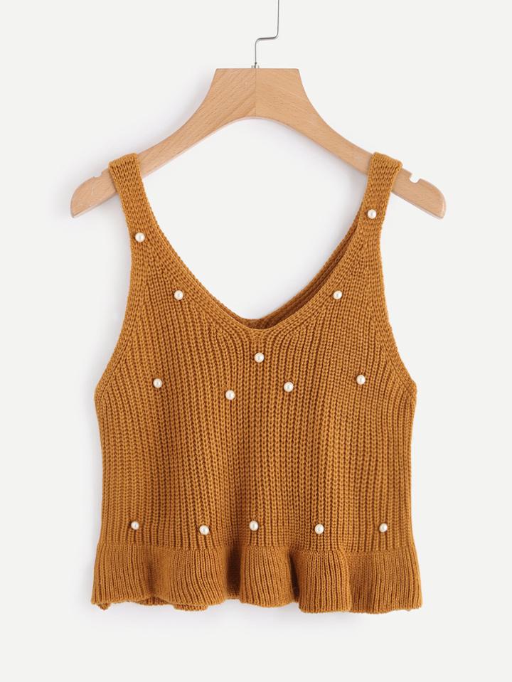 Romwe V Neckline Ruffle Hem Pearl Beaded Knit Cami Top