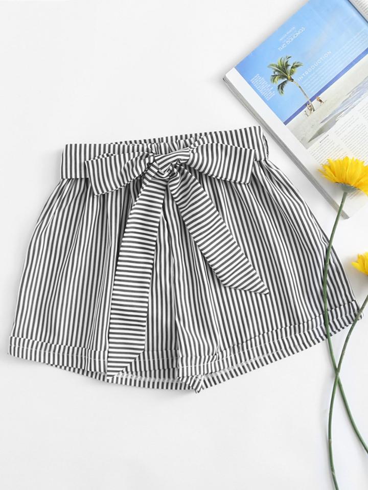 Romwe Striped Knot Front Roll Up Hem Short
