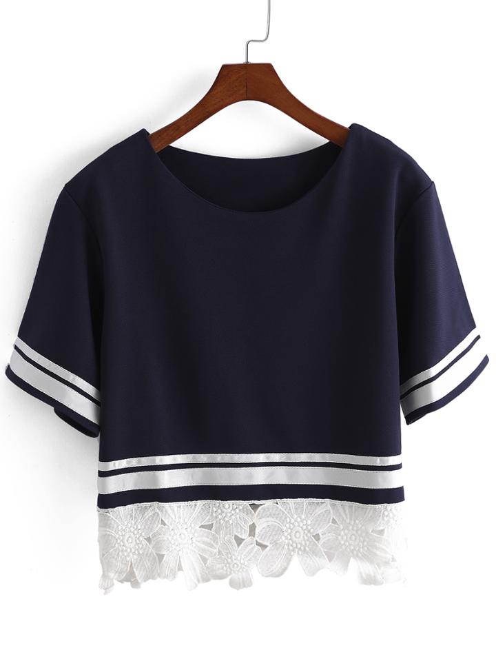 Romwe Contrast Lace Hem T-shirt