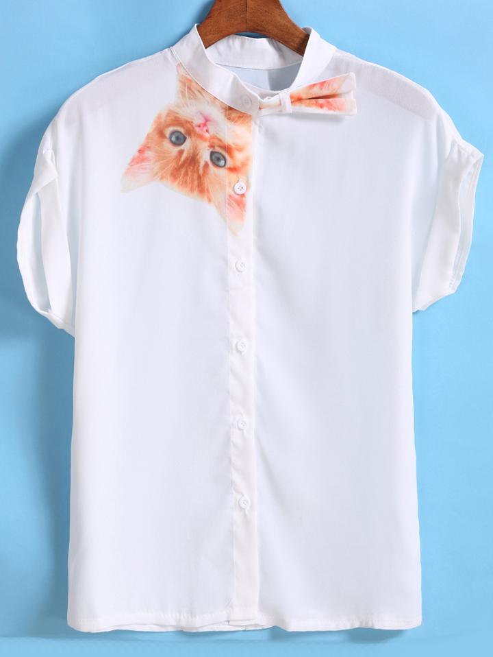 Romwe Stand Collar Cat Print Blouse