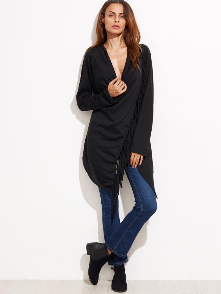 Romwe Black Drape Front Fringe Asymmetric Coat