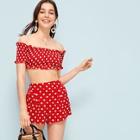 Romwe Polka Dot Shirred Frill Trim Top With Shorts