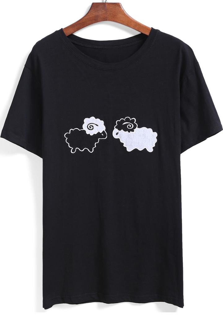Romwe Black Short Sleeve Sheep Print T-shirt