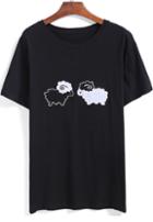 Romwe Black Short Sleeve Sheep Print T-shirt