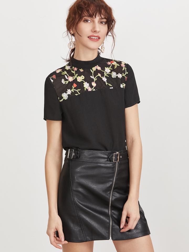 Romwe Flower Embroidered Yoke Tie Back Top