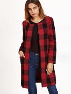 Romwe Black And Red Checkered Collarless Coat
