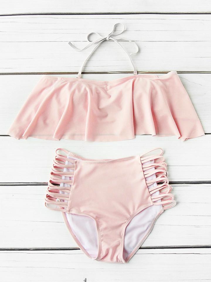 Romwe Flounce Detail Ladder Cutout High Waist Bikini Set
