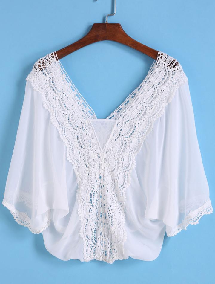 Romwe V Neck Floral Crochet Top