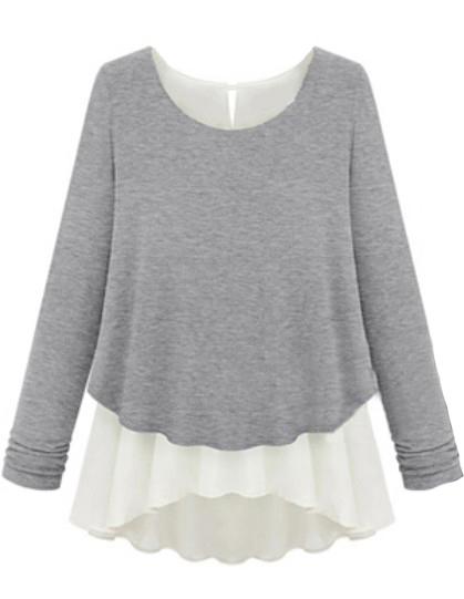 Romwe Contrast Chiffon Hem Loose Grey Sweater