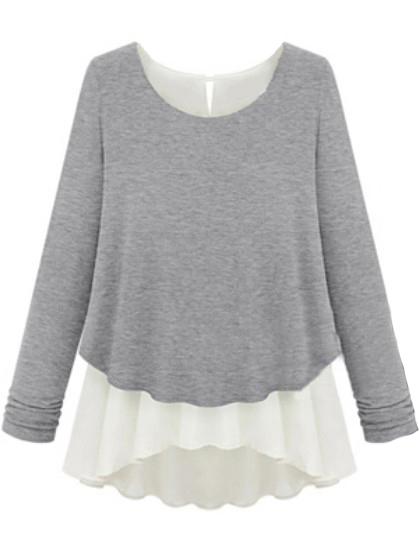 Romwe Contrast Chiffon Hem Loose Grey Sweater