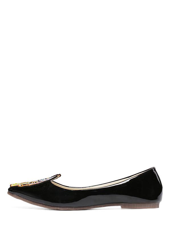 Romwe Black Embroidered Tiger Pointy Toe Flats