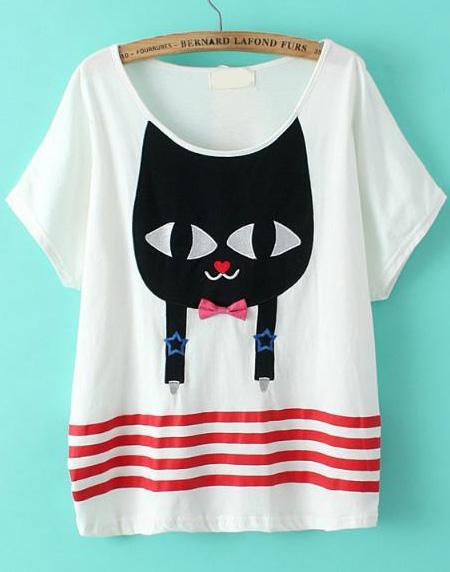Romwe Striped Cat Embroidered White T-shirt