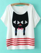 Romwe Striped Cat Embroidered White T-shirt