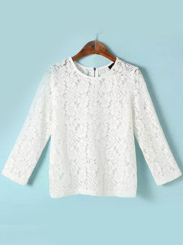 Romwe With Zipper Lace Embroidered White T-shirt