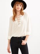 Romwe White Lace Up V Neck High Low Blouse
