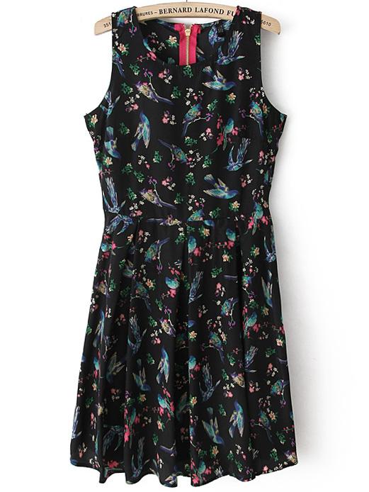 Romwe Sleeveless Bird Print Pleated Dress