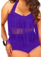 Romwe Purple Halter High Waist Fringe Plus Swimwear