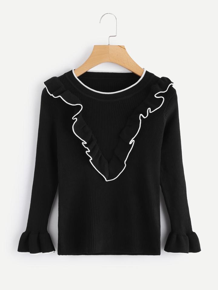Romwe Contrast Ruffle Trim Fluted Sleeve Knit Sweater