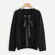Romwe Plus Grommet Lace Up Neck Jumper