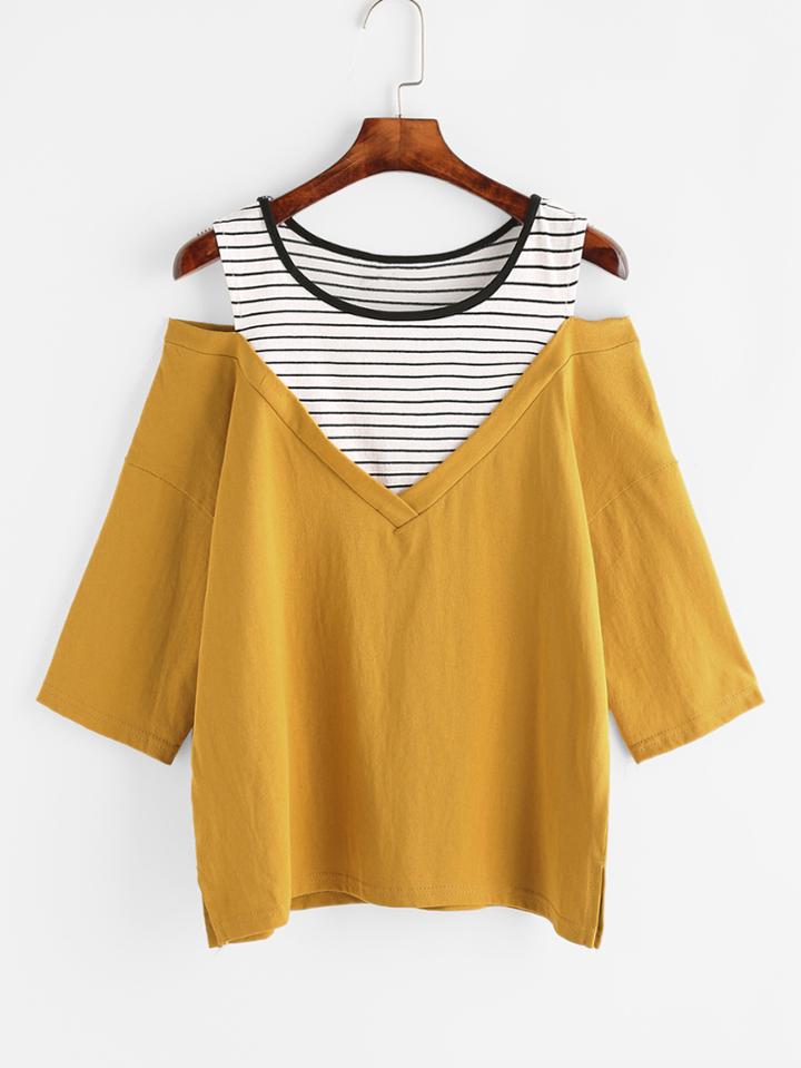 Romwe Yellow Striped Yoke Open Shoulder T-shirt