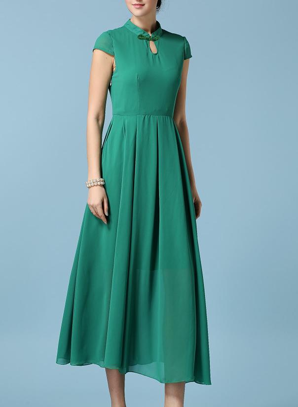 Romwe Stand Collar Drop Button Chiffon Pleated Dress