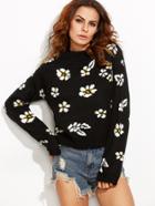 Romwe Black Ribbed Trim Pullover Flower Sweater