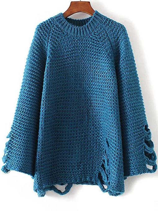 Romwe Blue Crew Neck Raglan Sleeve Ripped Sweater