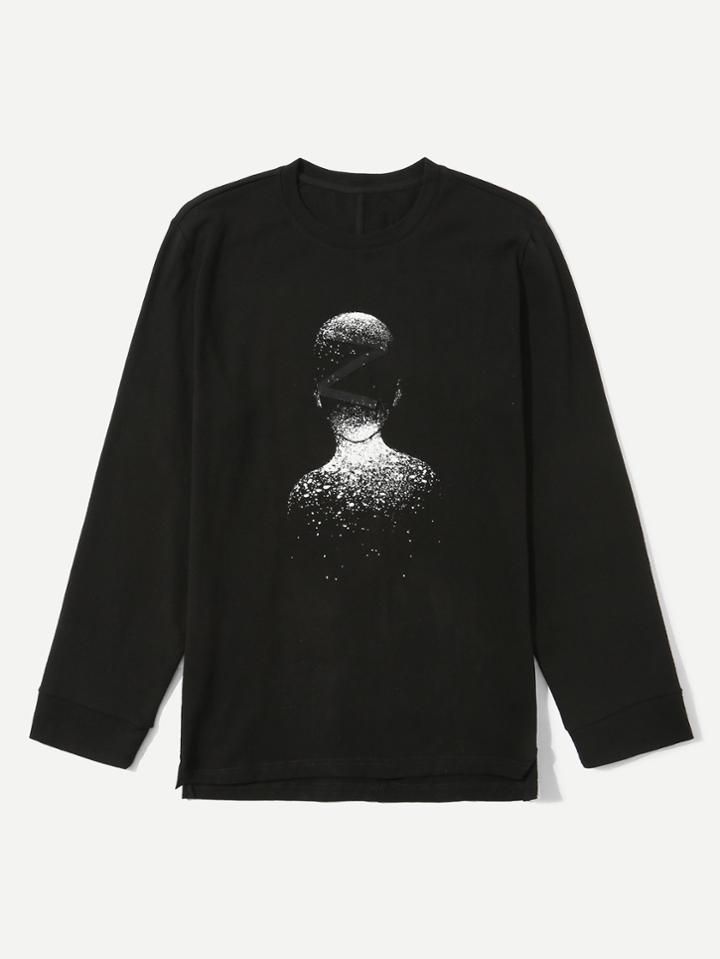 Romwe Men Tape Detail Slit Side High Low Pullover
