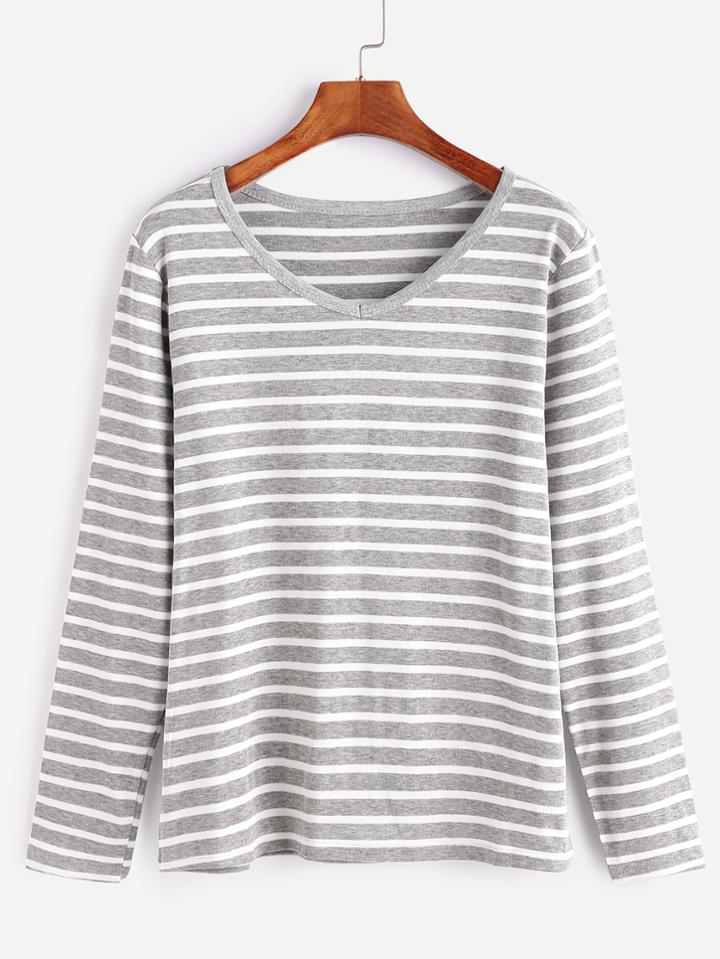 Romwe Light Grey Striped V Neck T-shirt