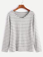 Romwe Light Grey Striped V Neck T-shirt
