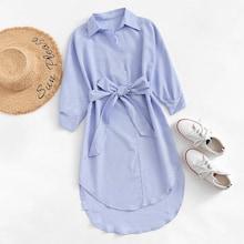 Romwe Striped Dip Hem Belted Dress