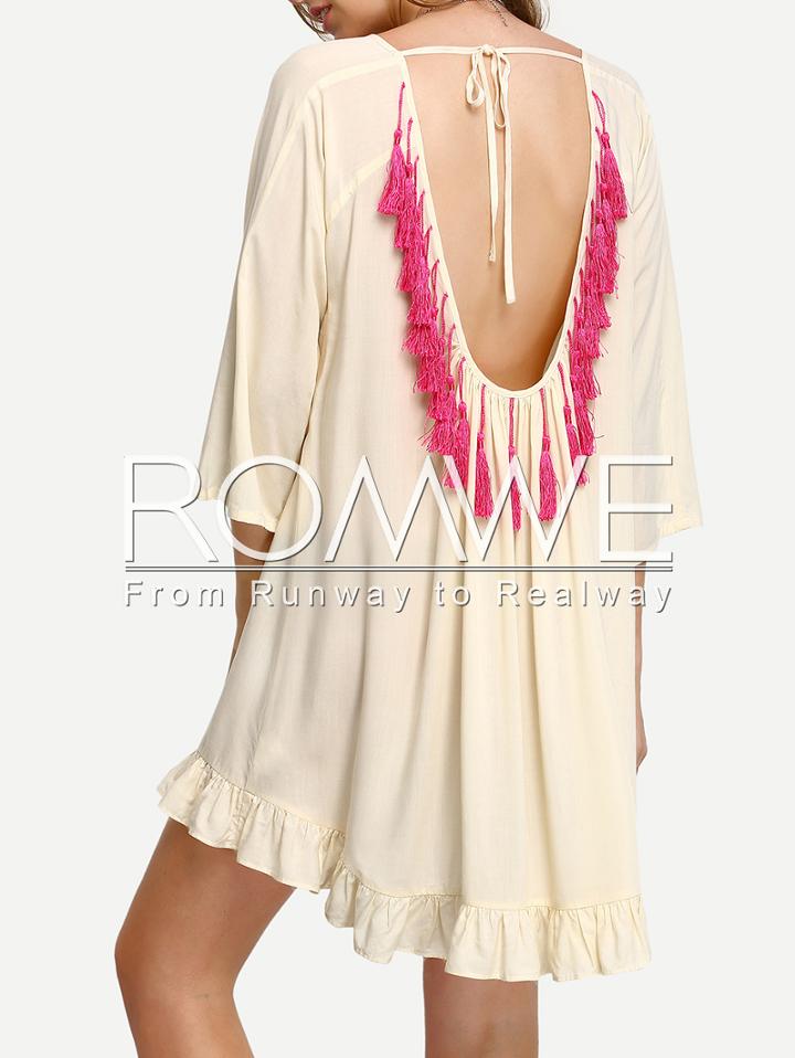 Romwe Apricot Backless Tassel High Low Ruffle Dress